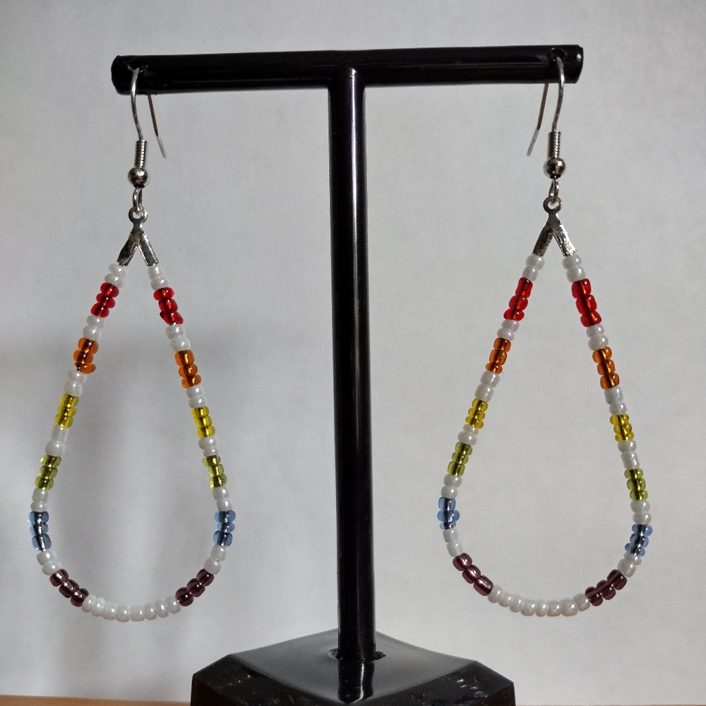 Cute 3" Rainbow White Beaded Tear Drop Dangle SS Earrings